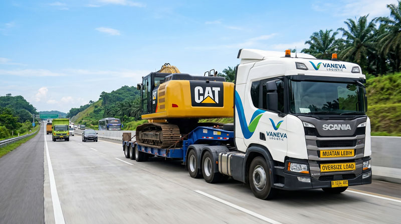 Armada lowbed Vaneva Logistic mengangkut alat berat di jalan lintas provinsi