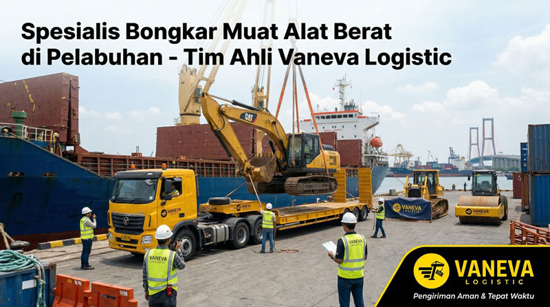 Proses bongkar muat alat berat di pelabuhan oleh tim Vaneva Logistic