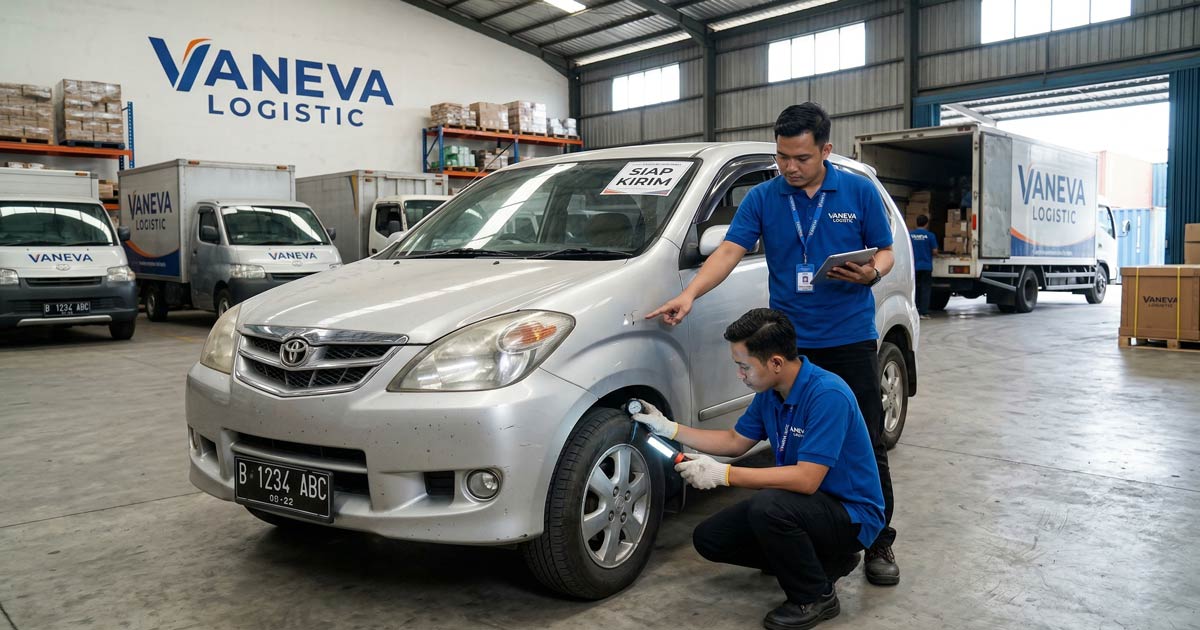 Tim Vaneva Logistic melakukan inspeksi akhir sebelum pengiriman mobil bekas