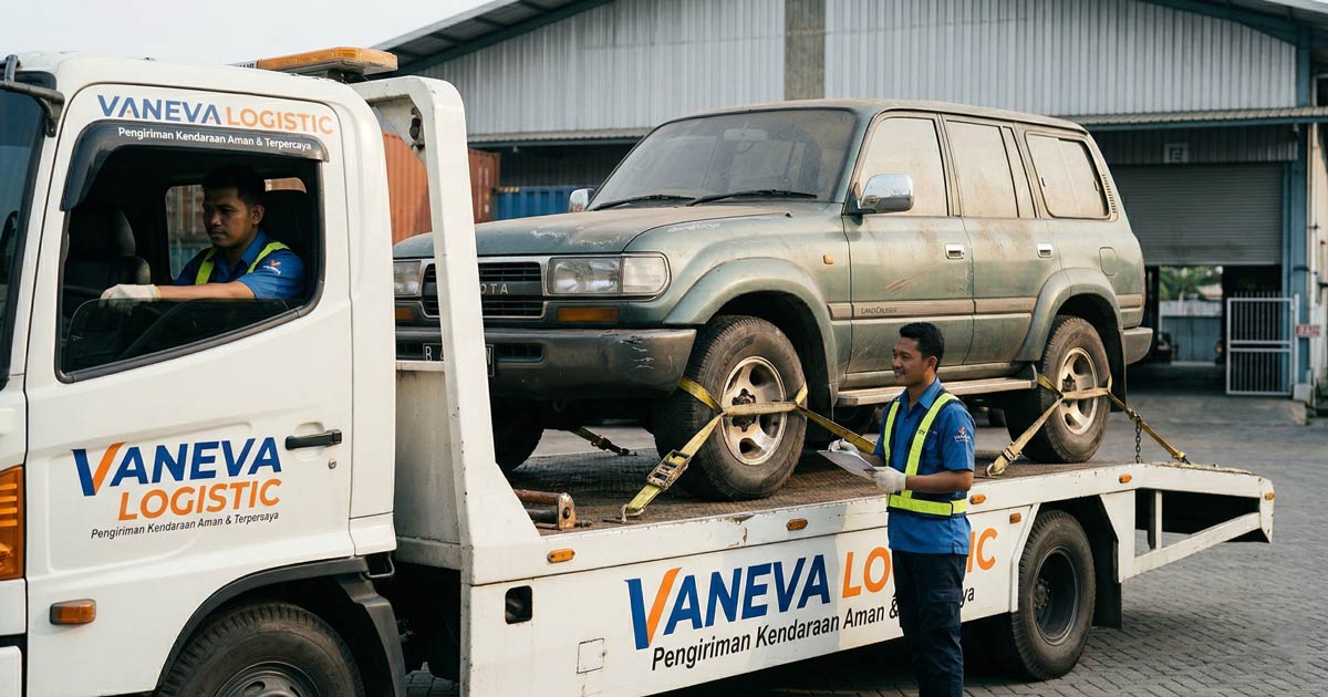 Proses pengikatan mobil di atas towing Vaneva Logistic untuk keamanan maksimal